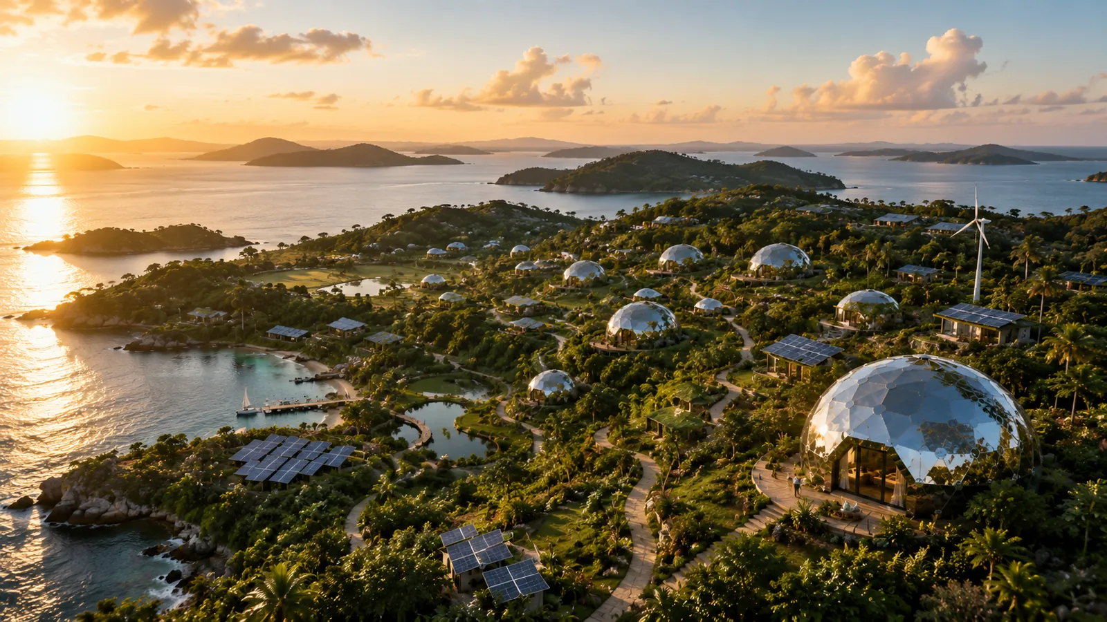 Aerial view of a regenerative island community